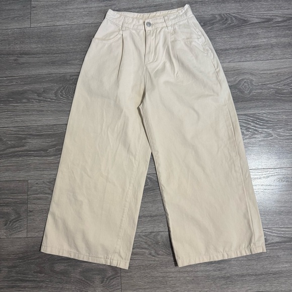 Pants - Wide-Leg Boho Women Cream Casual Pleated High Rise Pants Size M Front Pockets